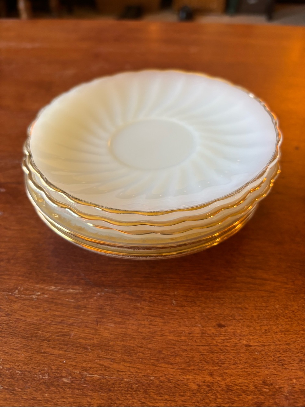 vintage Fire-King Swirl Golden Anniv Milk Glass saucers with 22k gold set of 6